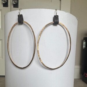 Gold-Tone Hammered Oval Hoop Earrings with Leather Accent - Women Jewelry